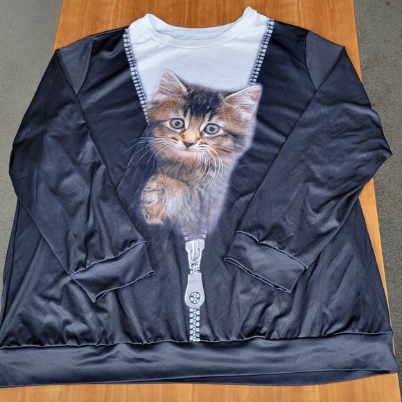 Cute Kitten Face Emerging from Black & White Long Sleeve Zipper Top - 5XL - Picture 5 of 7